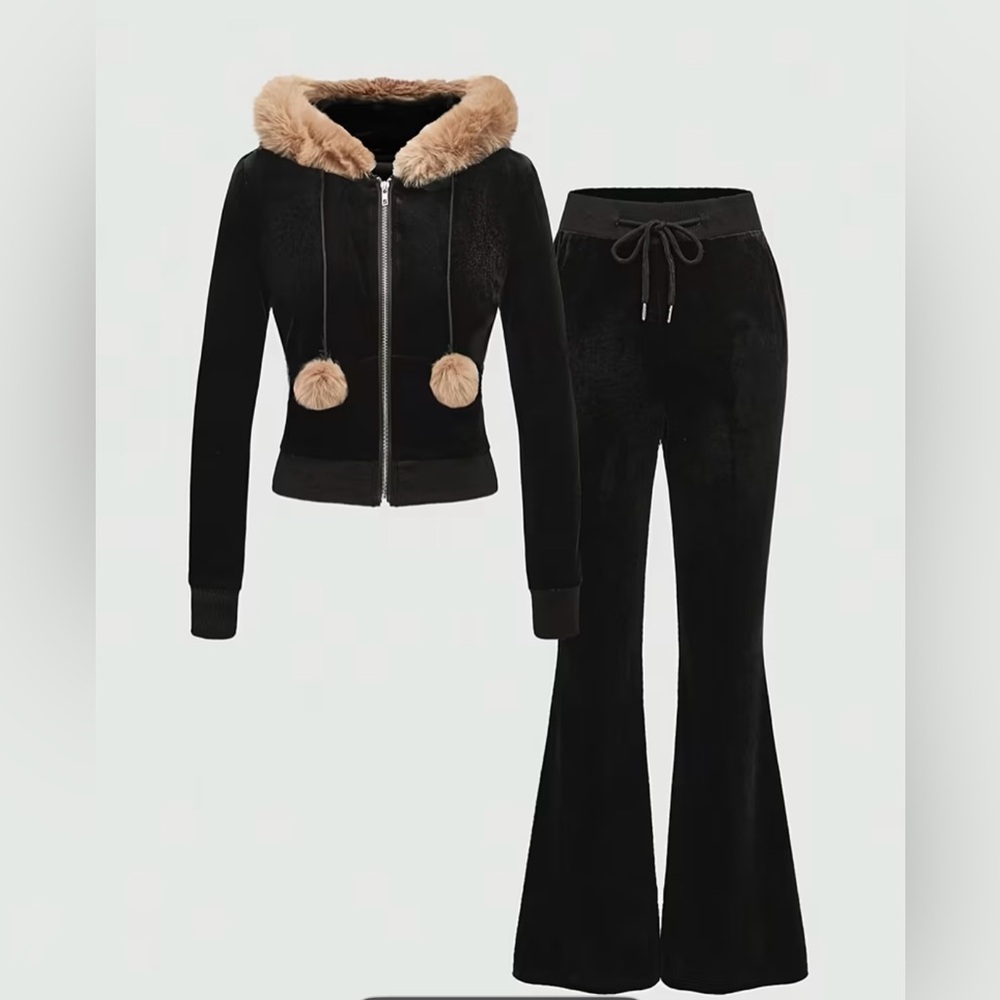 Women’s Outfit Set Faux-Fur Trim Zip Hoodie & Flared Pants Velvet Black Size M